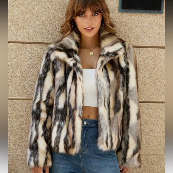 SALE ❤️ Luxury old money faux fur coat variegated spotted jacket brown tan - Picture 4 of 7